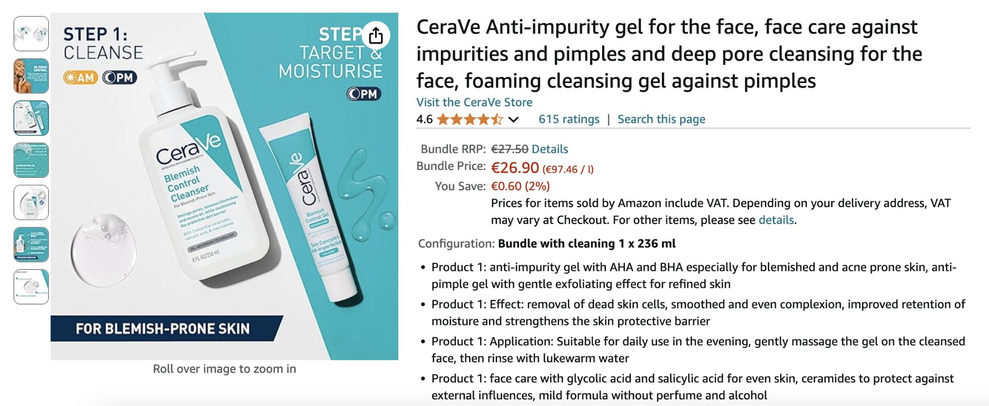 An Amazon page displaying CeraVe's product bundle, its features, and benefits. 